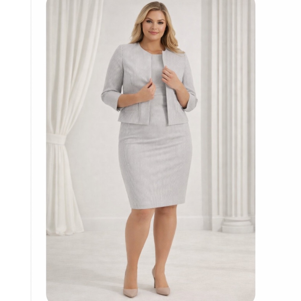LE SUIT STRIPED OPEN-FRONT SHEATH DRESS SUIT SIZE 14 , slit at back hem